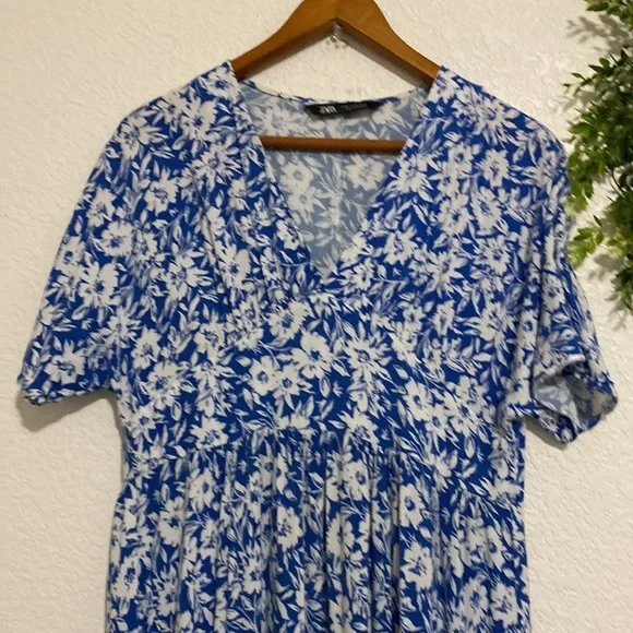 Zara Blue/White Floral Tiered Skirt Dress XS - Picture 7 of 9
